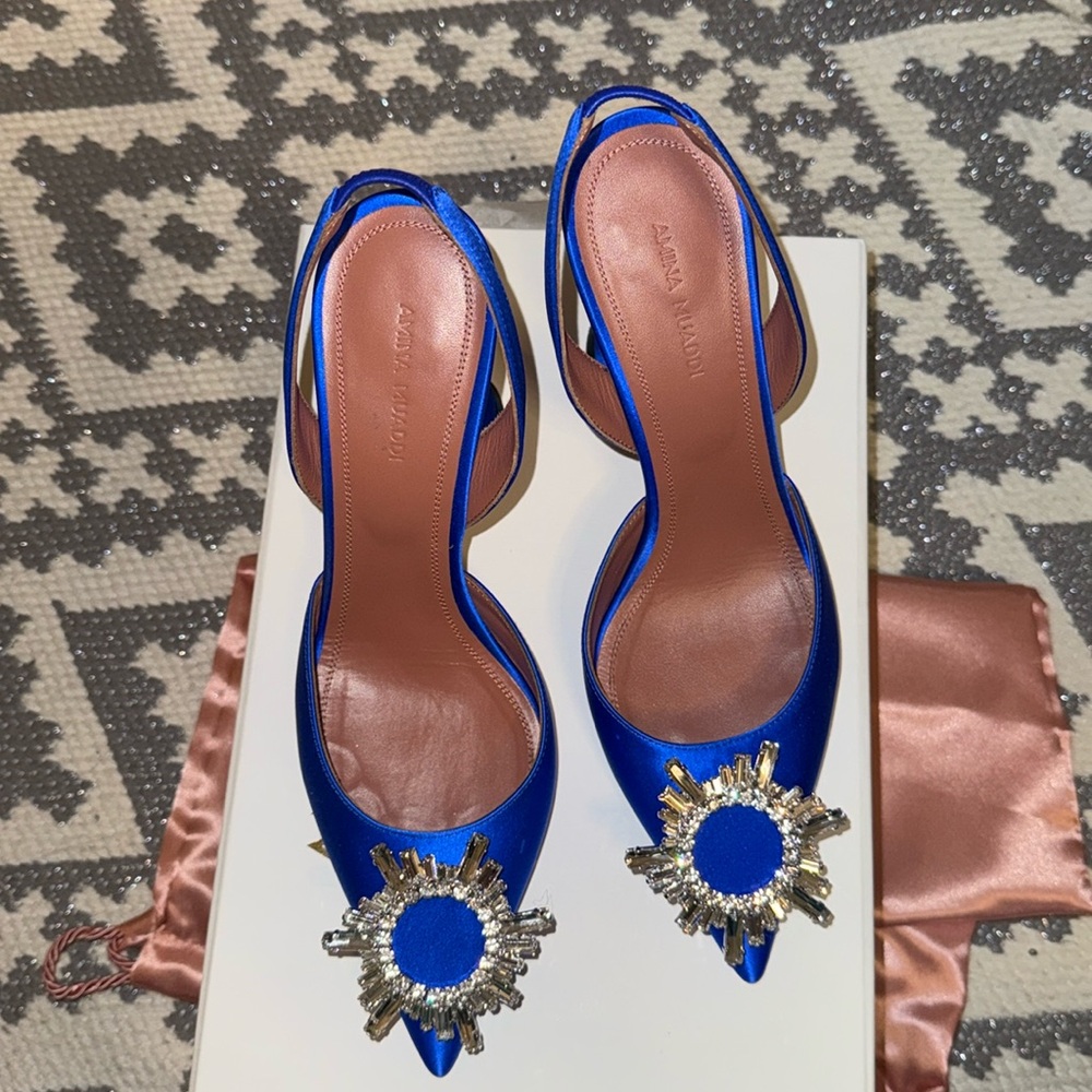 Amina Muaddi Begum Embellished Satin electric blue Slingback Pumps